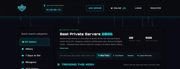 The RankedPrivateServers website