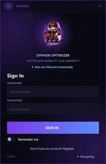 The Syphon sign-in window
