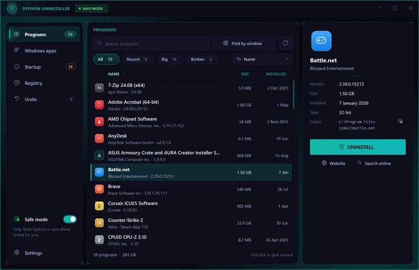 Syphon Uninstaller in Syphon Tools